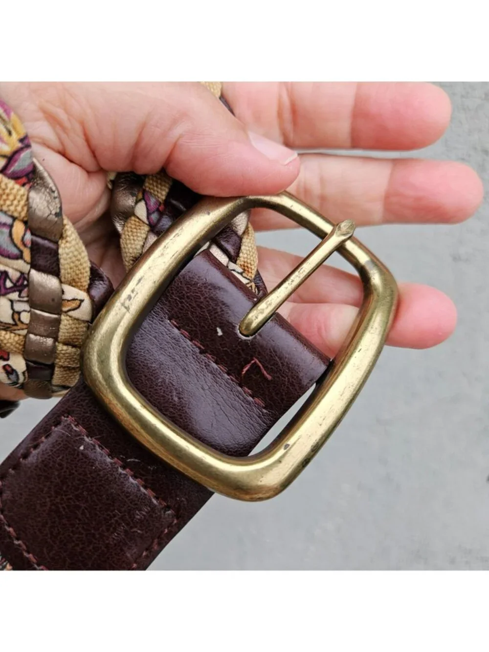 Vintage 70s Woven Leather Fabric Belt Brass Buckle Unisex One Size to 37